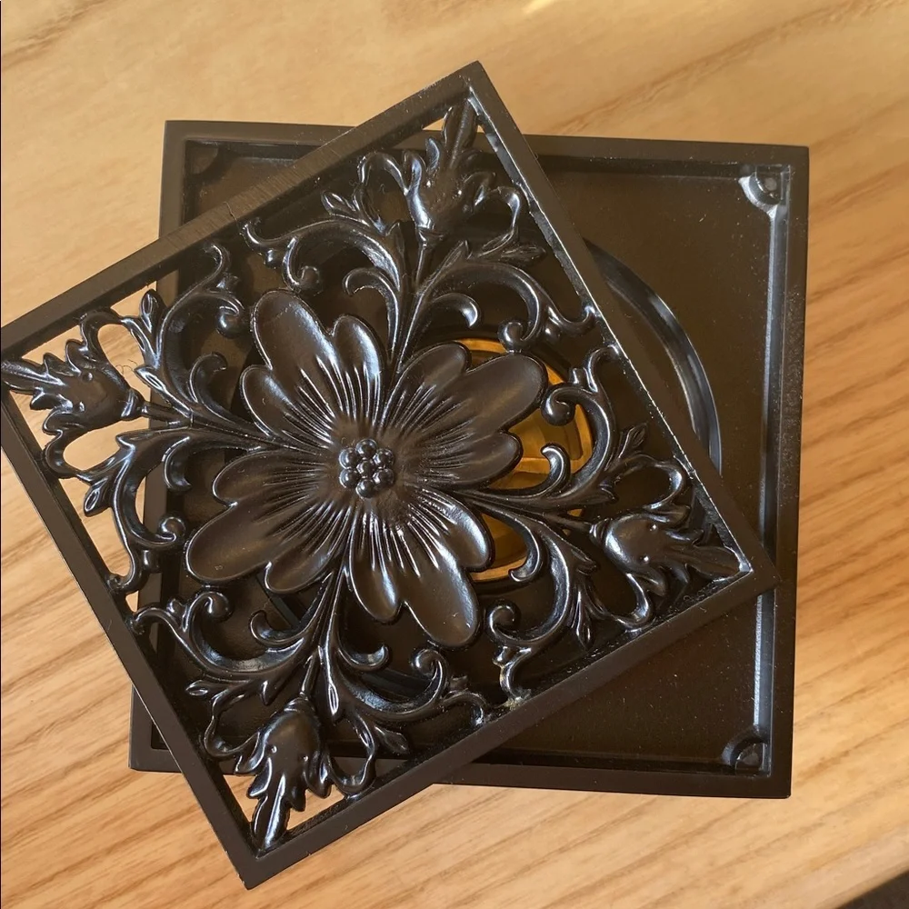 Black Metal Floral Drain Plug 4x4” Bath or Shower